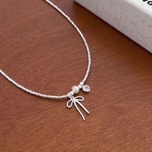 S999 Sterling Silver Bow Necklace | Pearl & Pink Heart Charm | Adjustable 40+5cm